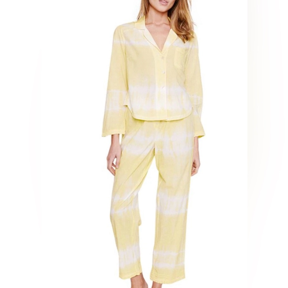 Reverie Marilyn Top & Pant Organic Cotton Tie-Dye Pajama Set Yellow White L Set